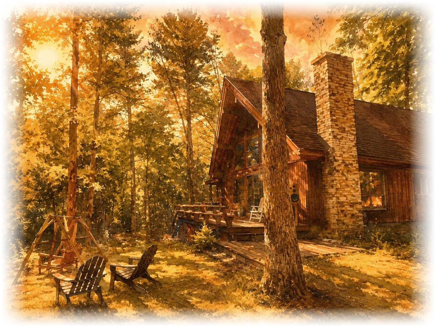 Watercolor illustration of a woodland cabin