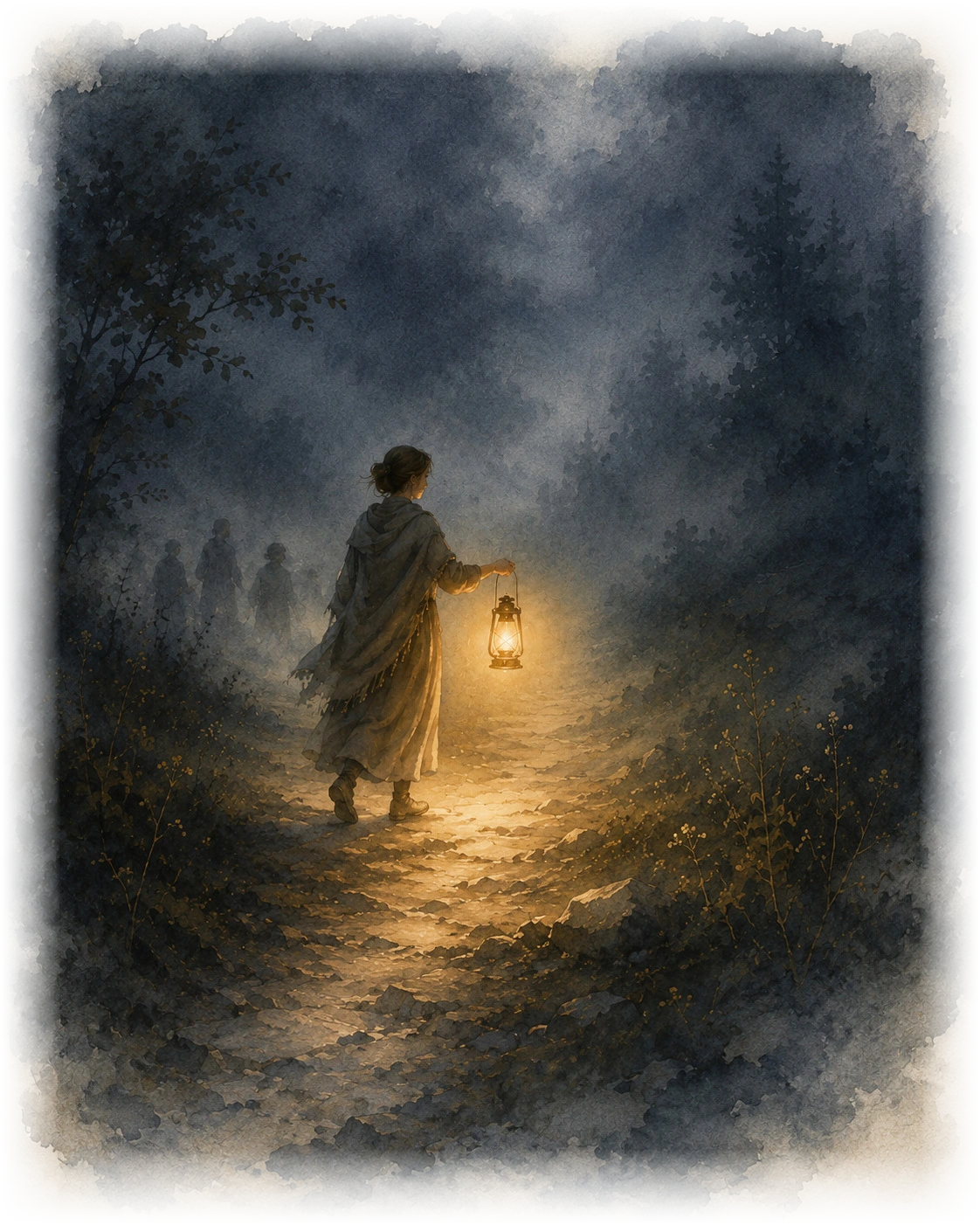 Watercolor illustration of a lantern on a dark path