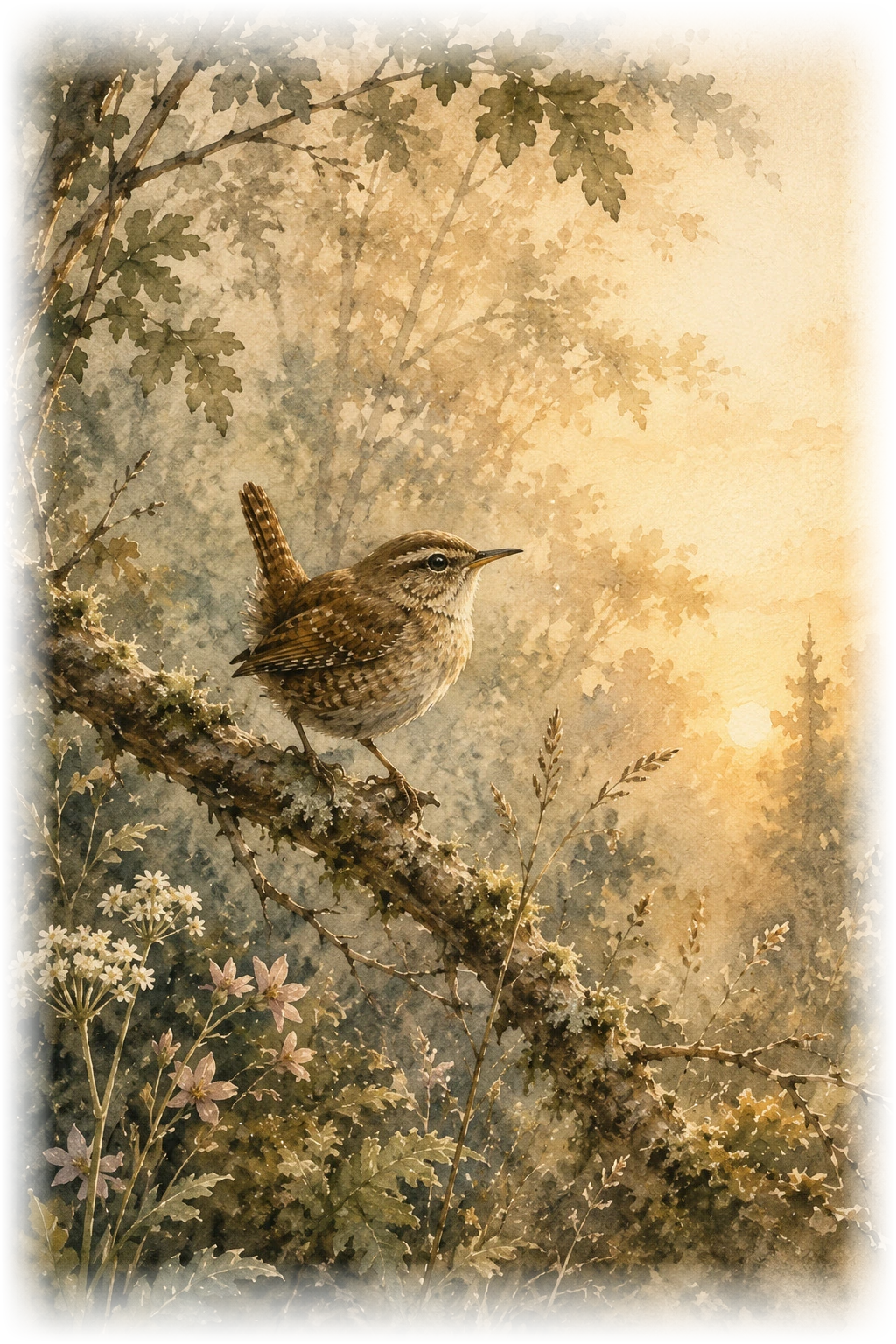 Watercolor illustration of a wren
